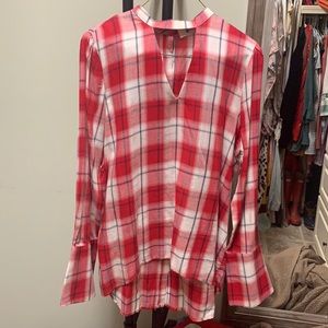 Red, white and denim plaid shirt